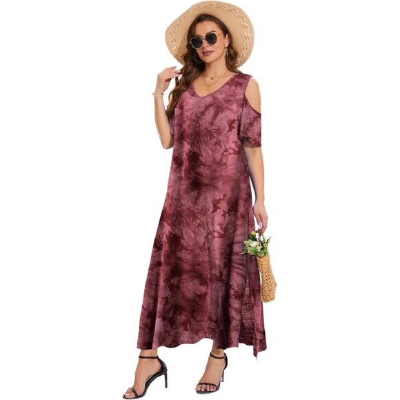 Plus Size Summer Dress Women V-Neck Short Sleeve Pockets Beach Maxi - Picture 6 of 6